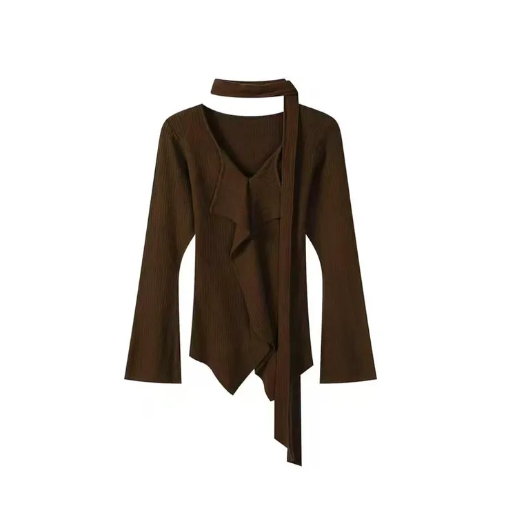 不规则长袖针织衫女秋季新款设计感修身小衫上衣