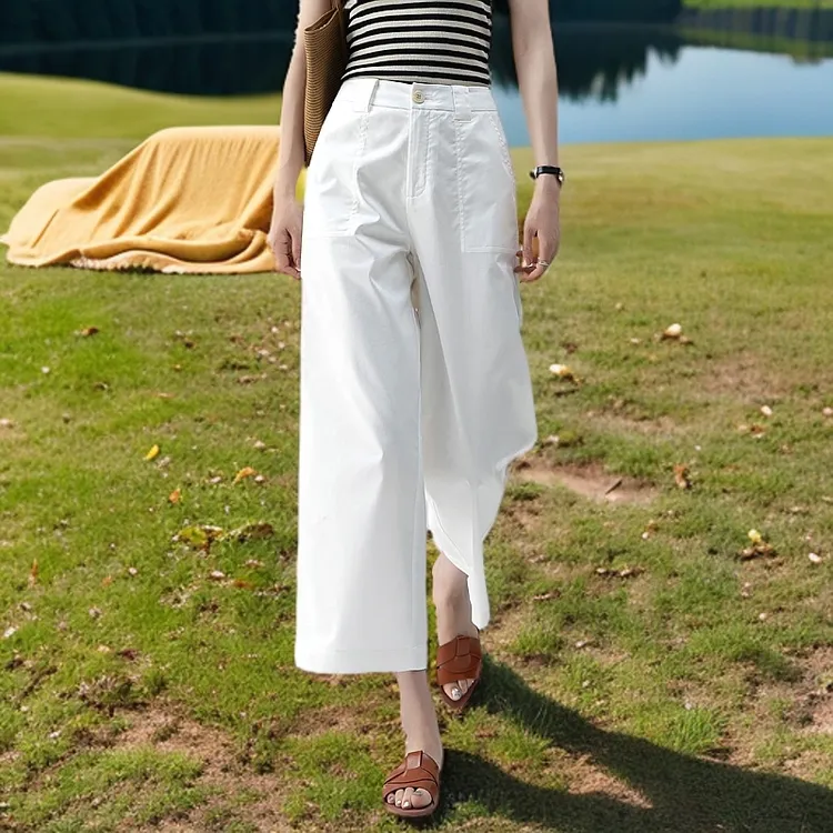 白色棉纺阔腿裤女春夏薄款2025新款休闲裤九分冰丝宽松直筒女裤子