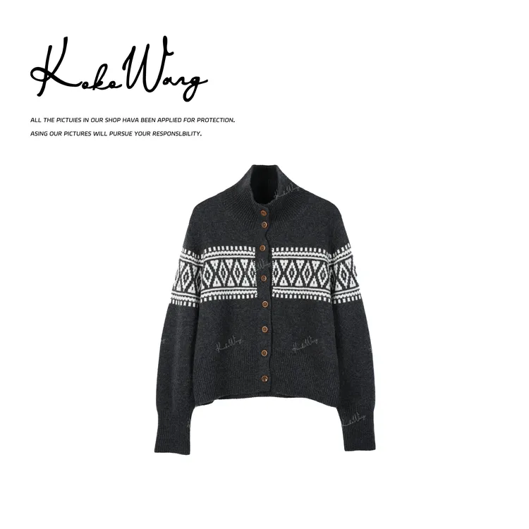 KOKO WANG秋冬慵懒风357针粗针工艺100绵羊毛针织开衫N8135L10Z41