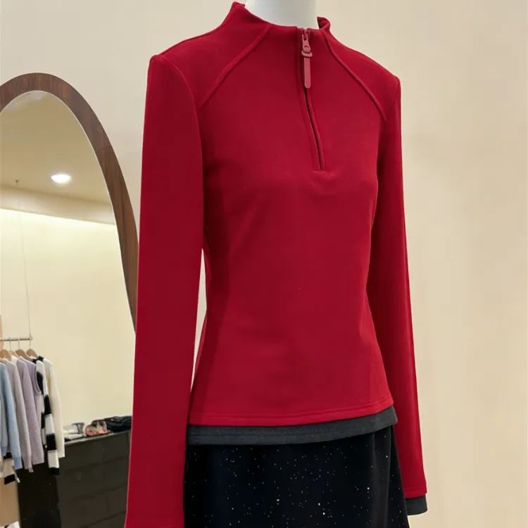 新年红双面德绒长袖T恤女秋冬半拉链立领保暖打底衫套头上衣