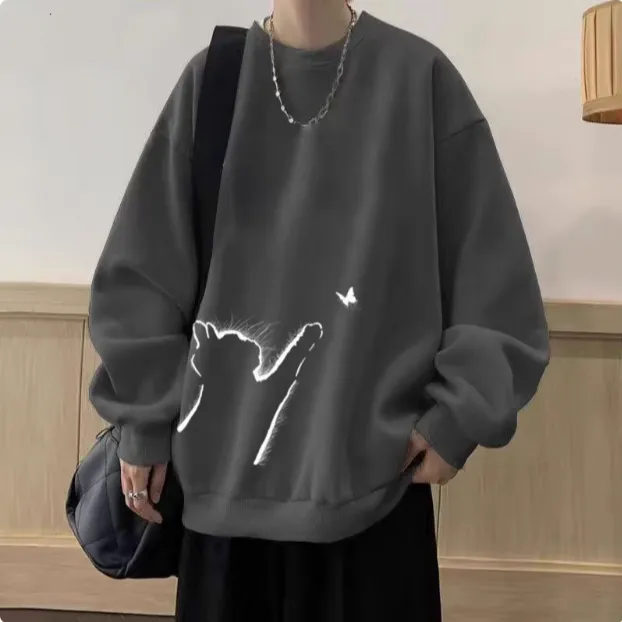 重磅卫衣男秋冬新款潮牌美式复古圆领百搭青少年猫咪加绒加厚上衣