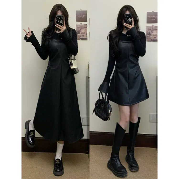 大码【人生神裙】假两件辣妹气质拼皮收腰显瘦连衣裙长短款小黑裙