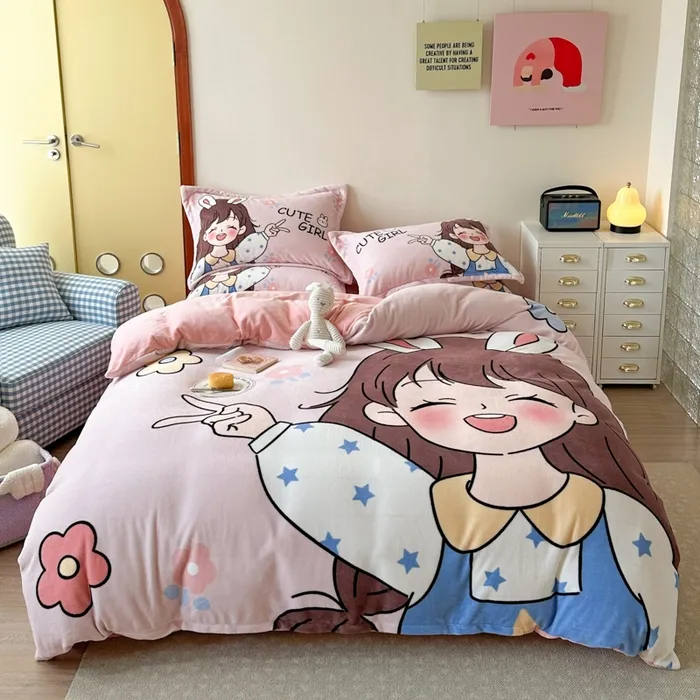 防寒加厚冬季双层防滑床品套件毛毯绒被防静电可爱加绒双面亲子