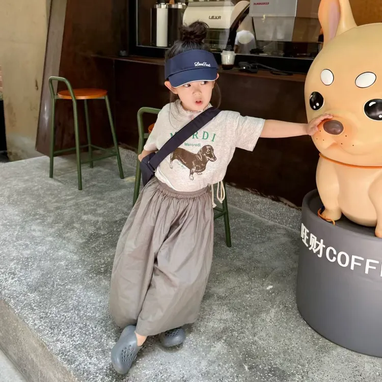壹妈童装女童夏季新款套装时髦洋气小女孩印花短袖咖色阔腿裤