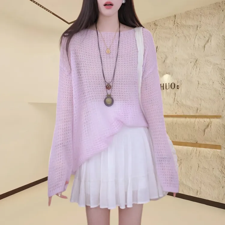 韩版时尚镂空长袖针织衫女2025秋季新款休闲百搭宽松圆领针织上衣