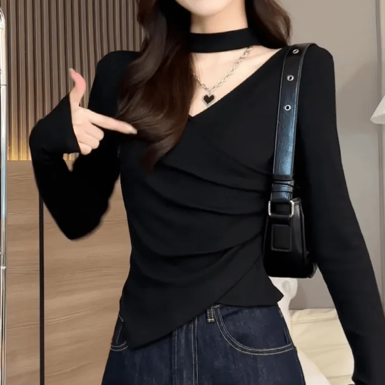 2025法式不规则v领挂脖长袖t恤女秋冬高级纯欲内搭修身打底衫
