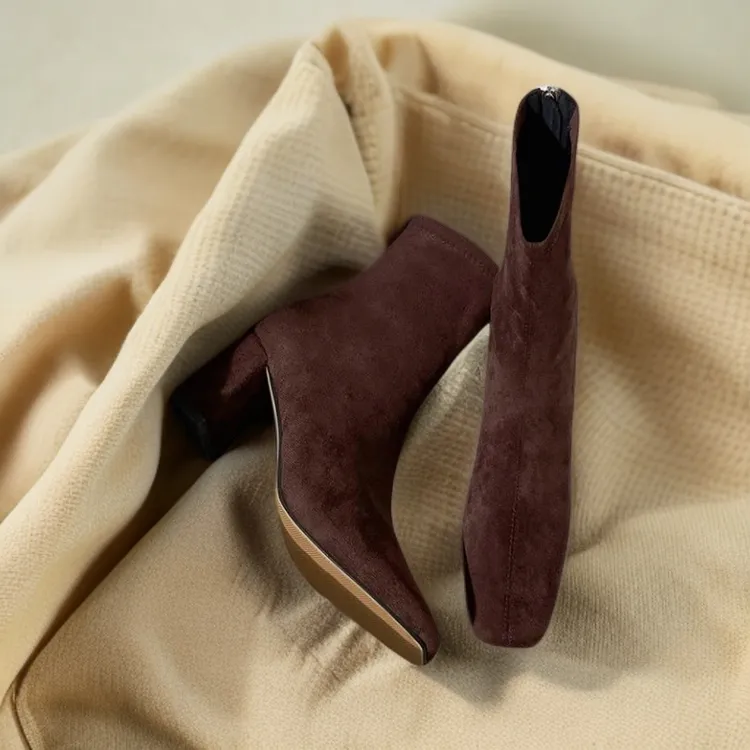 心芘秋季高跟弹性靴后拉链方头短靴女厚跟休闲百搭粗跟时尚马丁靴