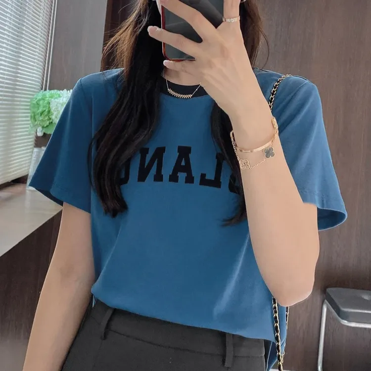 设计感时尚百搭字母印花简约短袖T恤女2025夏季新款宽松正肩上衣