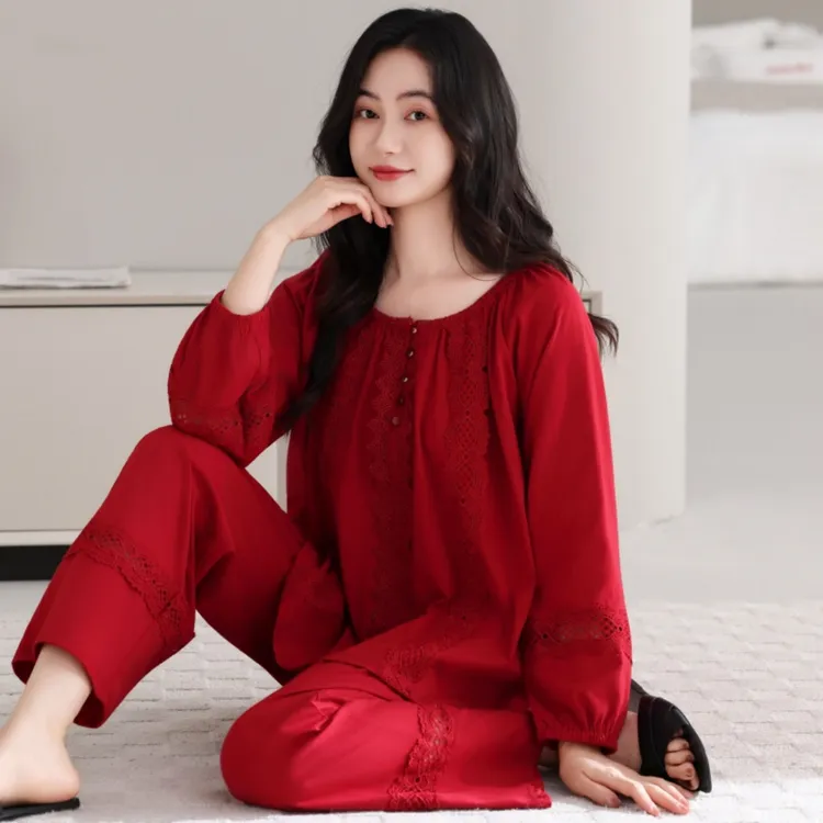 睡衣女款爆款2025新款套装纯棉春秋女士大码红色酒红本命年家居服