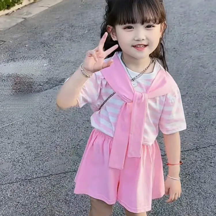 【亲子款】【纯棉】女童夏季套装女宝夏装披肩条纹短袖两件套甜美休闲