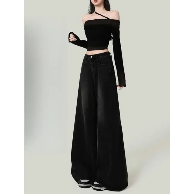 大码美式黑灰色毛边阔腿牛仔裤女2025冬季新款高腰宽松喇叭拖地裤