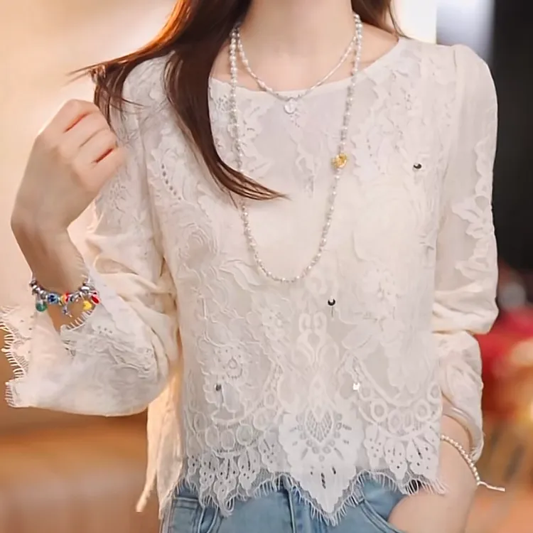 不规则下摆睫毛蕾丝衫2025新款春夏法式重工轻奢精致设计感上衣