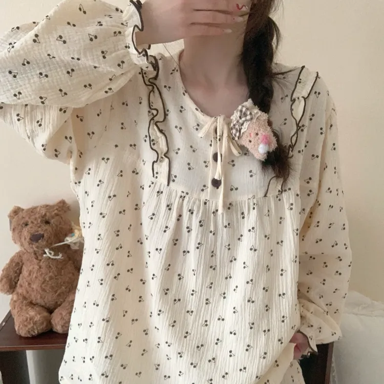 春季日系甜美印花棉纱睡衣女春秋款长袖双层纱家居服2025新款外穿