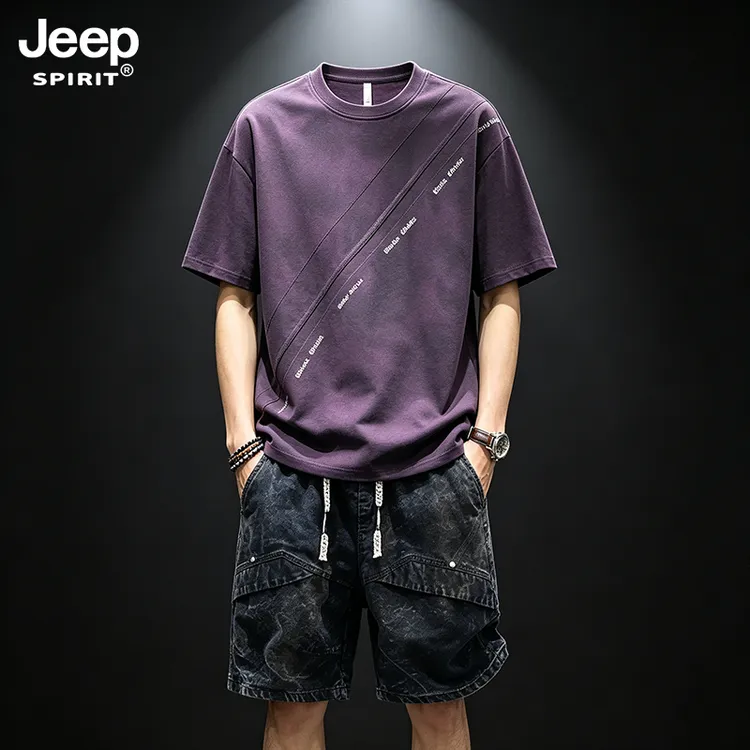 JEEPSPIRIT吉普套装男士夏季新款美式休闲宽松百搭短袖短裤两件套