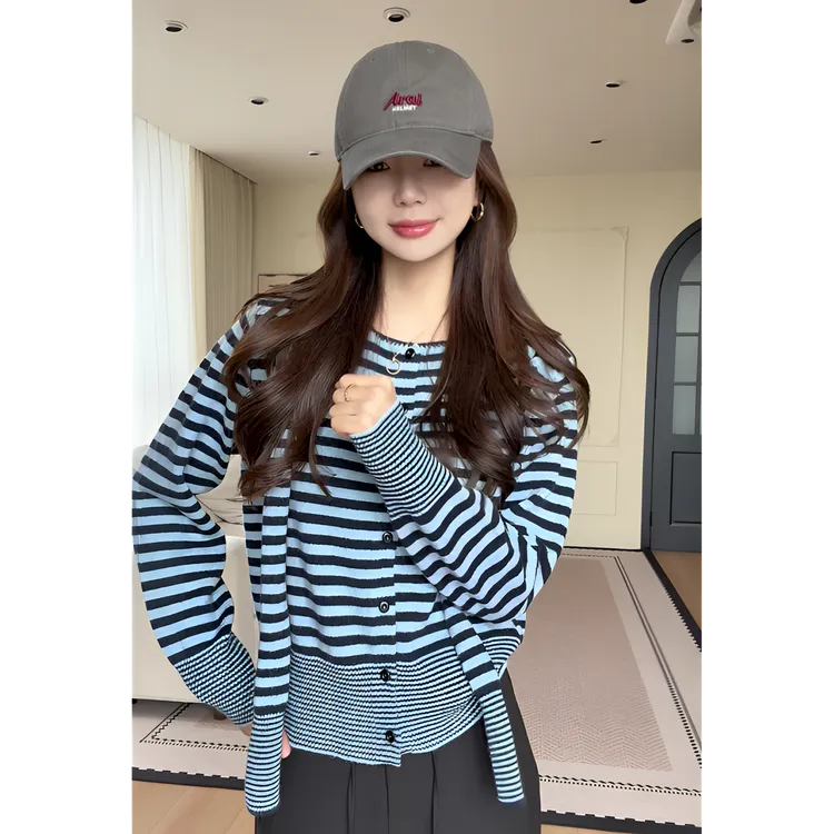 【余欢欢】秋季时尚休闲百搭条纹披肩针织开衫两件套-YHW50783