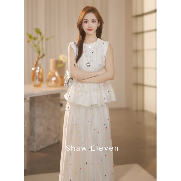 W【Shaw Eleven】2025年夏女爱心绣花莱赛尔风琴褶上衣半裙套88961