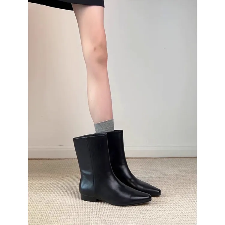 牛皮版~复古简约低跟短靴女气质尖头大筒围中筒靴显瘦直筒骑士靴