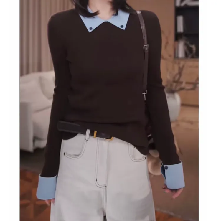 MEIZHENZI【精致个性】超细绵羊毛|撞色翻领针织衫女打底毛衣