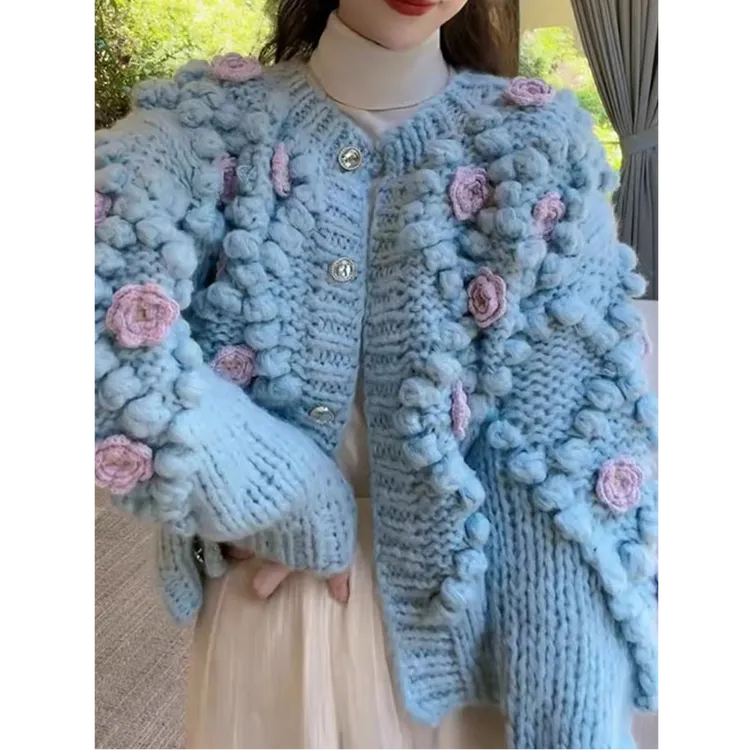 洋洋优选-秋冬新款球球山茶花单排扣手打粗棒针毛衣外套女YY71891