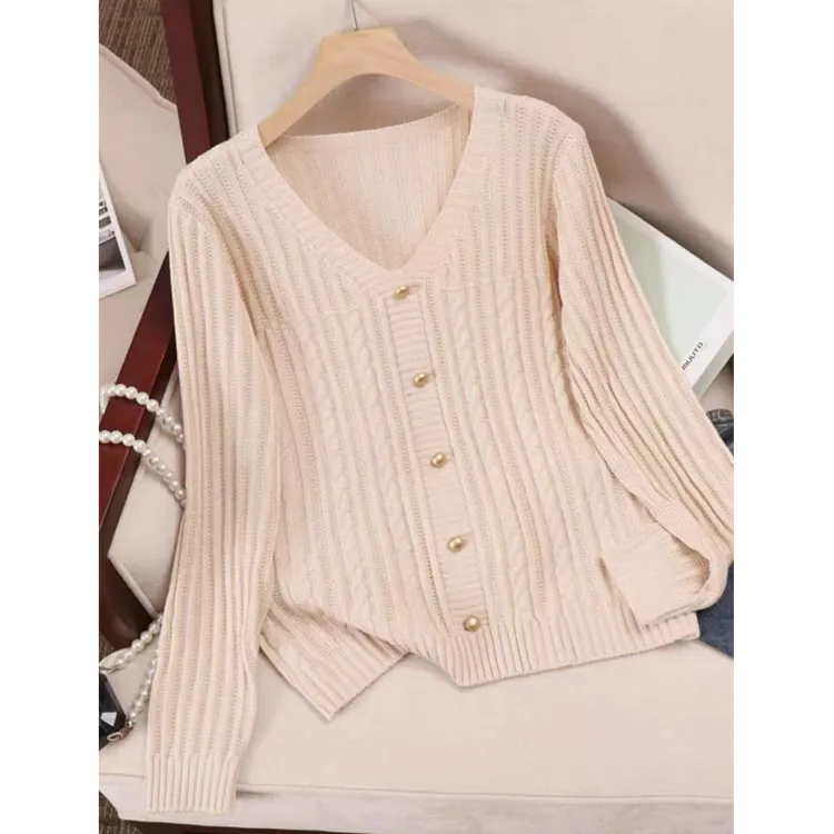 有运费补贴~麻花螺纹钉珠针织衫秋冬新款遮肚子宽松V领小衫镂空