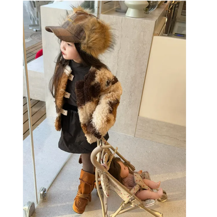 壹妈童装女童韩版秋冬款厚款豹纹拼色套装童装网红加绒短款外套