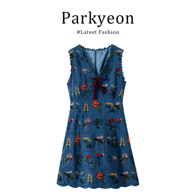 parkyeon蓝色波浪边花朵刺绣v领无袖连衣裙女夏季百搭背心短裙子
