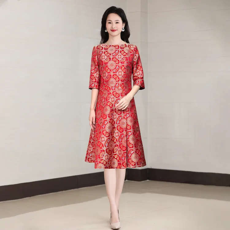 24L6685老宋锦秋季连衣裙独特漂亮红色高端妈妈高贵奢华婚庆礼服