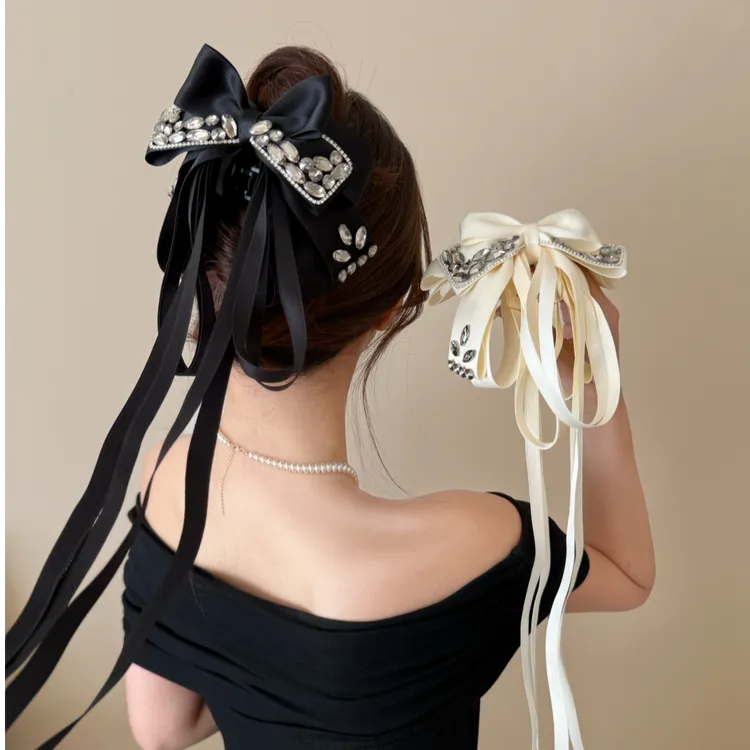 轻奢高级感夜宴蝴蝶闪锆蝴蝶结飘带马尾抓夹长飘带甜美时尚发饰