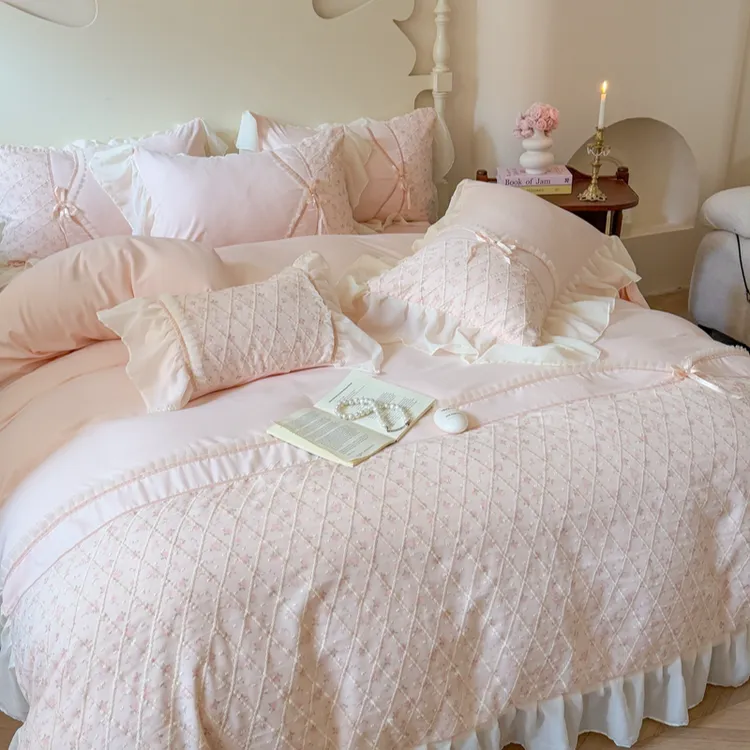 公主风亲肤舒适床上四件套少女心蝴蝶蕾丝轻奢床单床盖款床上用品