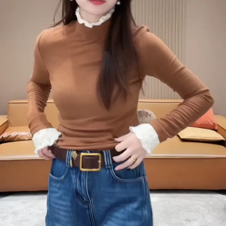 【雪映蕾丝】冬季新款蕾丝拼接百搭半高领打底T恤上衣LK2509331