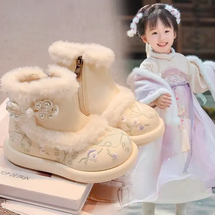 ABC 女童鞋汉服鞋冬季古装儿童靴马面裙古风加绒棉鞋国风中式鞋潮