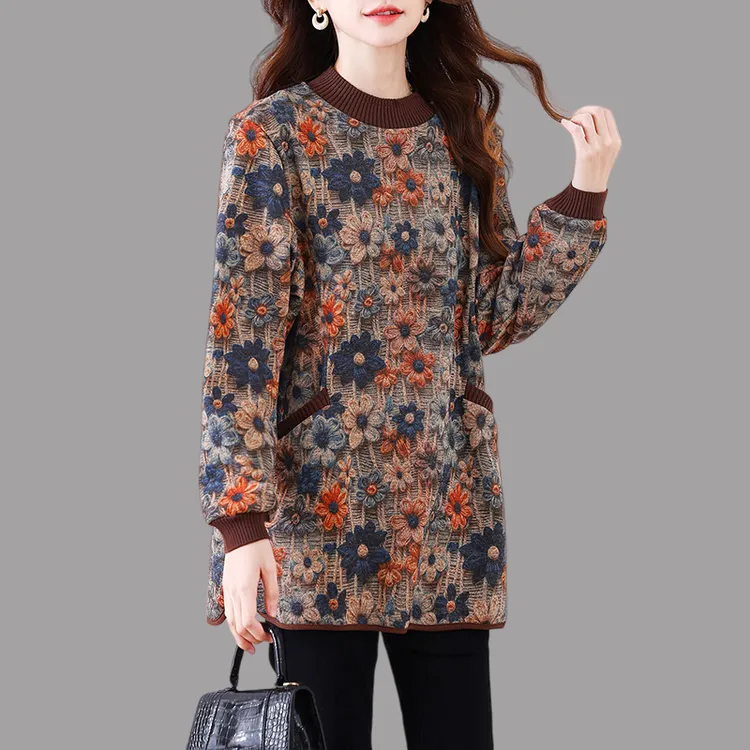 2025冬季新款长袖T恤打底衫女时尚宽松加绒加厚减龄保暖绒衫