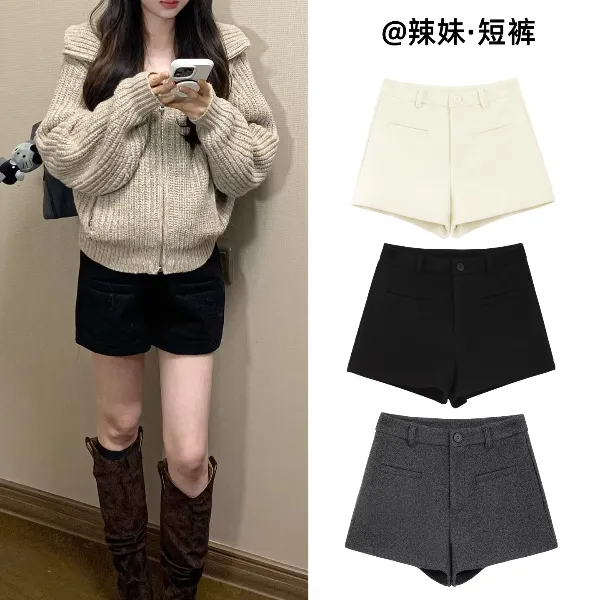 黑色毛呢短裤女新款秋冬高腰显瘦a字外穿包臀热裤小个子直筒靴裤
