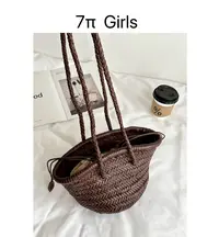 7π Girls海边度假手工编织抽绳水桶包复古百搭大容量手提菜篮子包