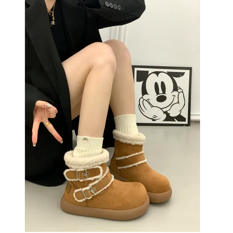 复古厚底毛毛雪地靴女2025冬季新款时尚面包棉鞋保暖加绒加厚棉靴