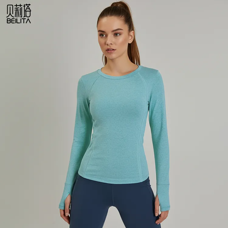 贝莉塔女士圆领长袖修身显瘦瑜伽服运动上衣BLT5207拇指套健身服