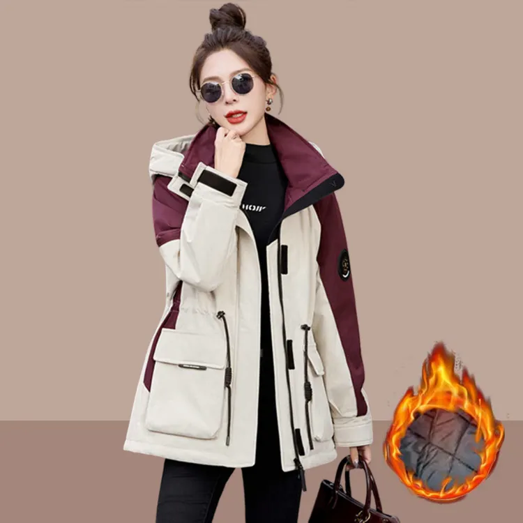 时尚撞色工装派克服棉衣女中长款2025冬新款连帽加绒加厚保暖外套