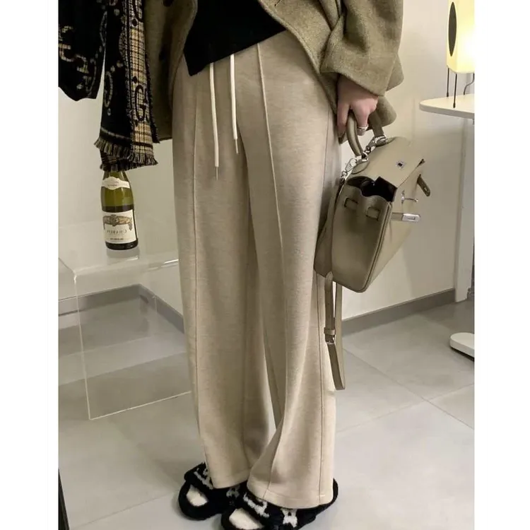 羊毛桑蚕丝 加绒 保暖条纹拼接高腰人字纹中线阔腿裤25045