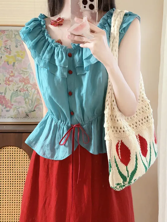 超好看独特漂亮小众不撞款上衣高级感蓝色无袖衬衫红色半身裙套装