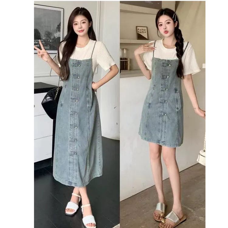 2025年夏季大码女装新款显瘦气质牛仔撞色拼接假两件连衣裙1572