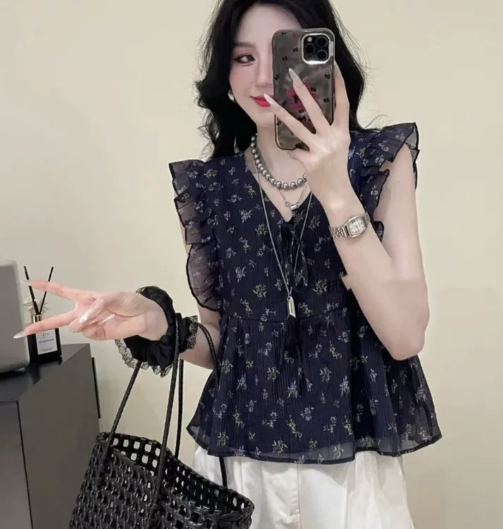 【9585】韩系木耳边定制面料碎花小v领上衣t恤显瘦印花夏季