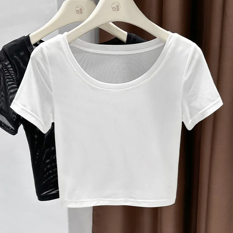 白色冰丝短款修身打底衫女新款透明网纱小衫百搭蕾丝短袖t恤上衣
