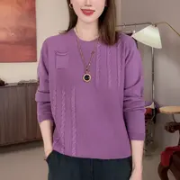 棉线圆领麻花小口袋针织长袖套头衫早秋女士百搭宽松休闲外套