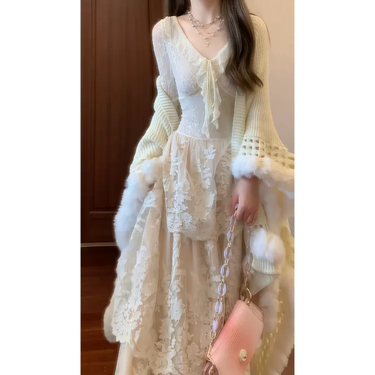 法式重工轻婚纱三层塔蕾丝蛋糕连衣裙荷叶边V领气质大摆长裙9806