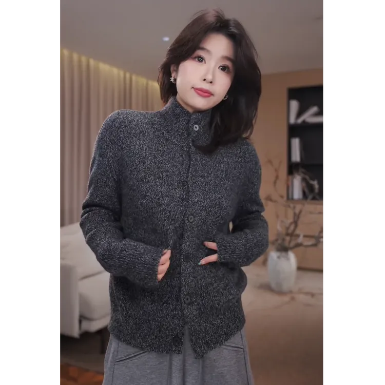 广州琴姐【格雷序曲】琥珀流光风立领针织开衫毛衣外套女秋冬款 104