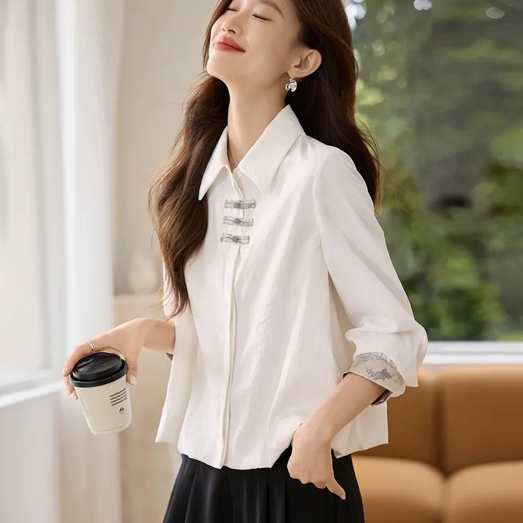 新中式翻领衬衣女春秋新款高品质亲肤设计感拼接撞色百搭时尚衬衣