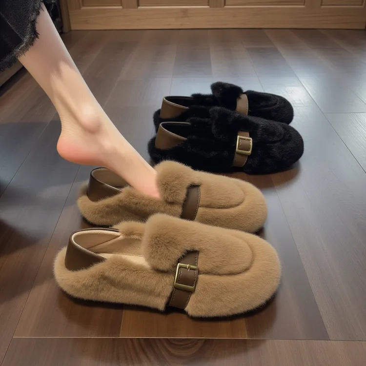 毛毛鞋女2025年新款秋冬加绒棉鞋豆豆鞋孕妇棉瓢鞋洋气软底雪地靴