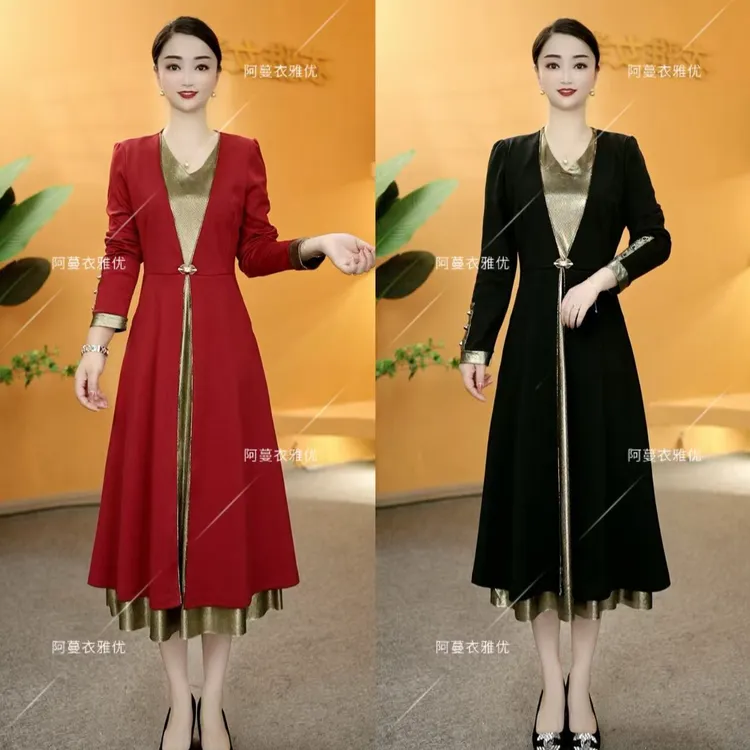 【衣雅严选】8089-2179#早秋新款百搭舒适拼镭射假两件气质连衣裙