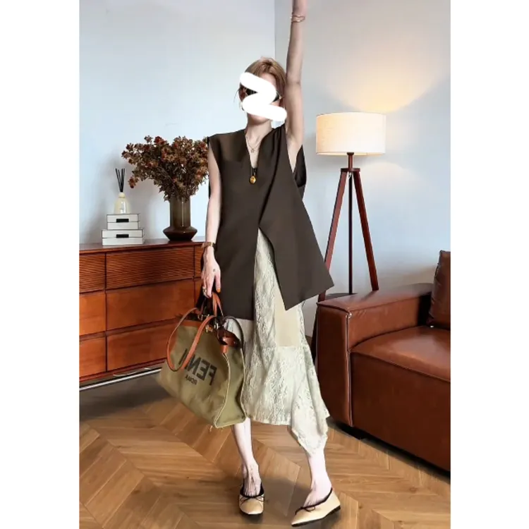 【现货】欧货V领西装马甲女宽松百搭无袖背心外套半身裙S11071