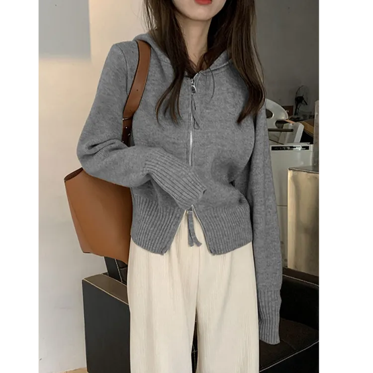 双拉链连帽针织衫卫衣女秋冬2025新款小个子百搭显瘦带帽毛衣外套